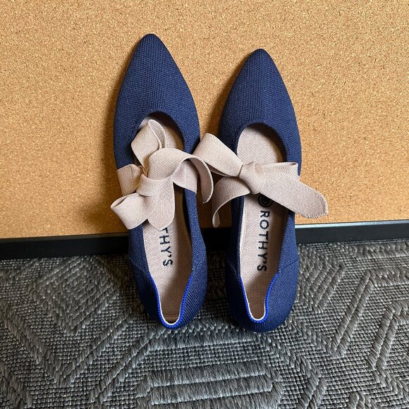 Rothy's Navy Flats with Beige Bow - Picture 1 of 5